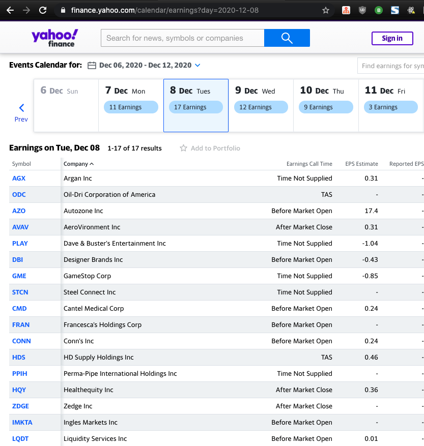 Yahoo! Finance Earnings Calendar